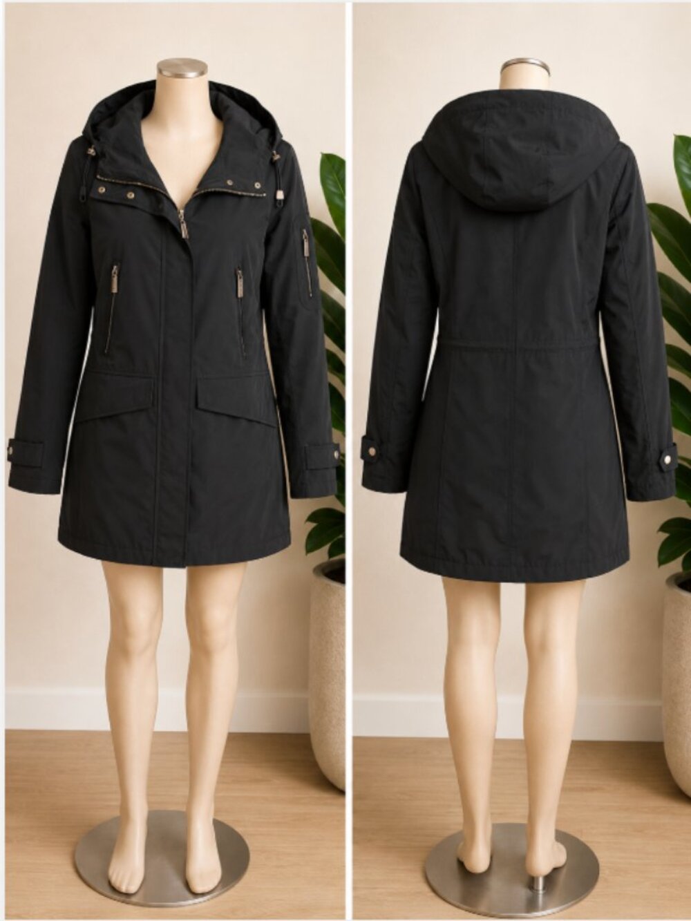 ELLEN TRACY Women's Water Resistant Hooded Parka Jacket Size S Black NWT
